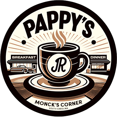 Pappy's Jr Restaurant circular logo with coffee cup and diner